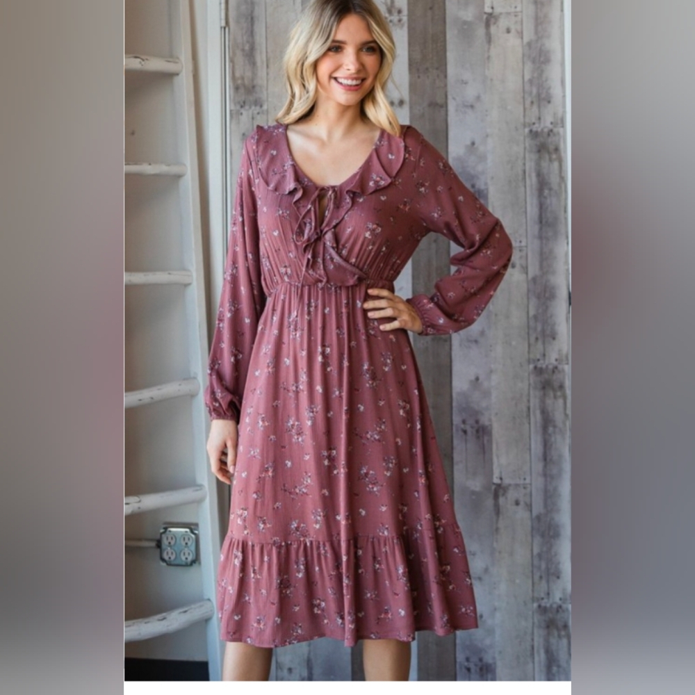 Large Floral Ruffled Tie Front Midi Dress-NWT